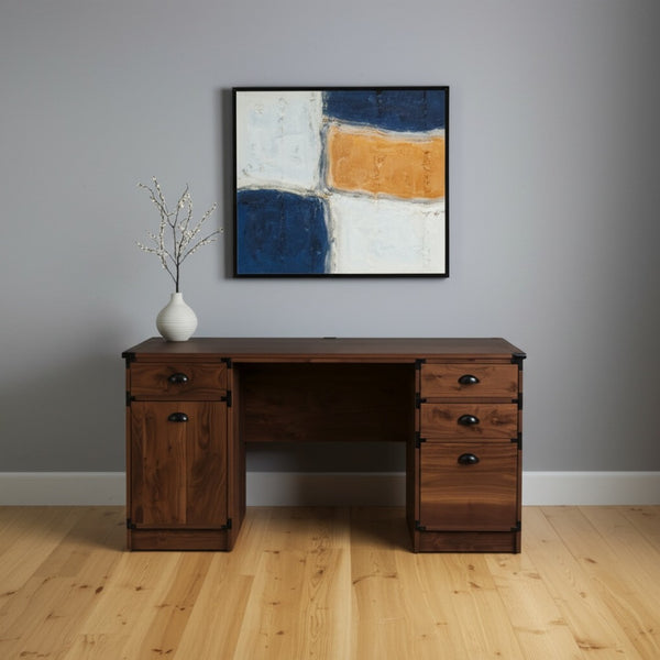 HomeRoots 59" Walnut Wood Pedestal Computer Desk - Stylish Workspace with 4 Drawers for Ultimate Organization 568261