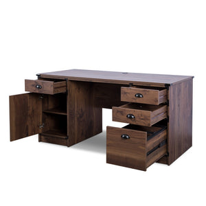 Homeroots 59" Walnut Wood Pedestal Computer Desk - Stylish Executive Design With 4 Drawers For Office Storage   568261