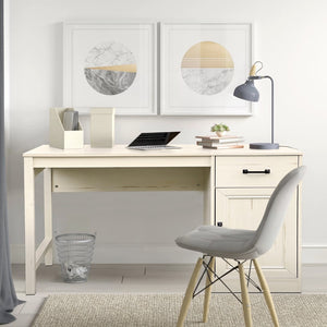 HomeRoots 47" Antiqued White Wall-Mounted Pedestal Writing Desk – Stylish Space-Saving Solution for Any Room 568262