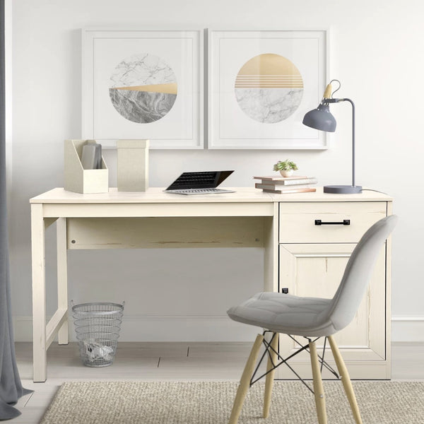 HomeRoots 47" Antiqued White Wall-Mounted Pedestal Writing Desk – Stylish Space-Saving Solution for Any Room 568262