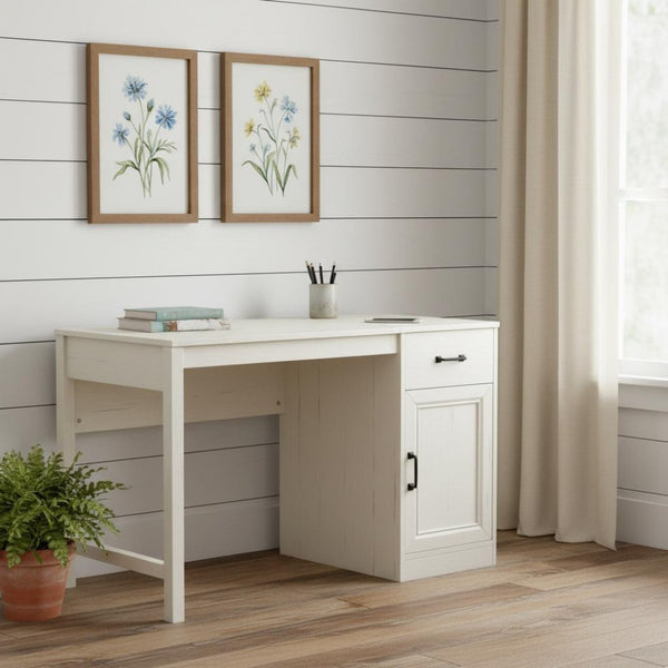 HomeRoots 47" Antiqued White Wall-Mounted Pedestal Writing Desk – Stylish Space-Saving Solution for Any Room 568262