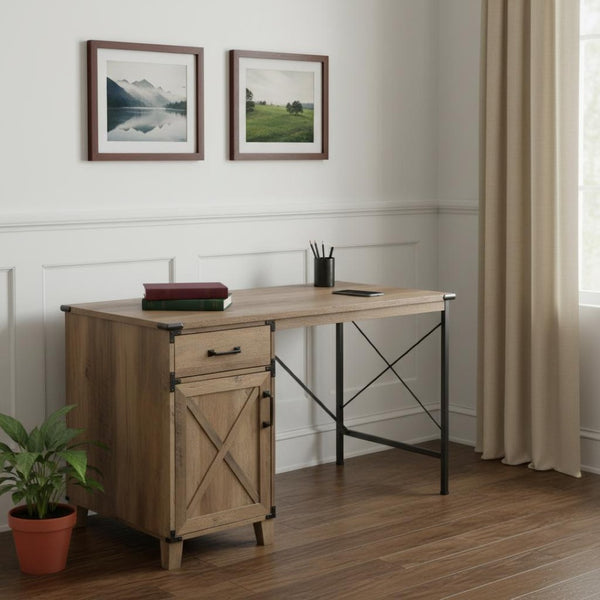 HomeRoots 47" Oak Wall-Mounted Trestle Writing Desk – Stylish Compact Workspace with Storage & Modern Design 568265