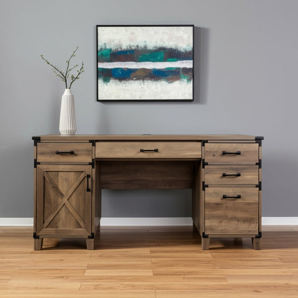 HomeRoots 59" Natural Wood Executive Desk with 5 Drawers - Stylish, Durable, and Perfect for Organized Workspaces 568266