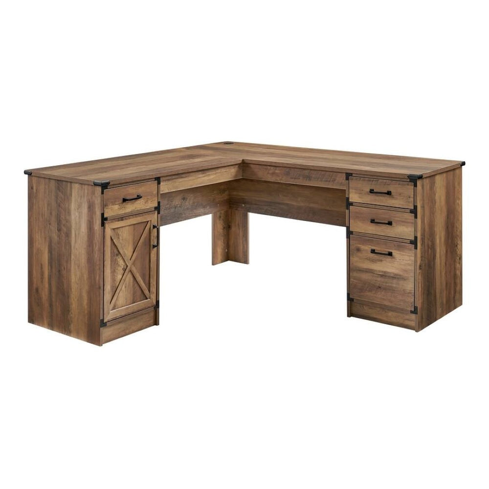 HomeRoots 64" Oak L-Shape Executive Desk - Stylish, Spacious Workspace with 4 Drawers for Ultimate Organization 568267