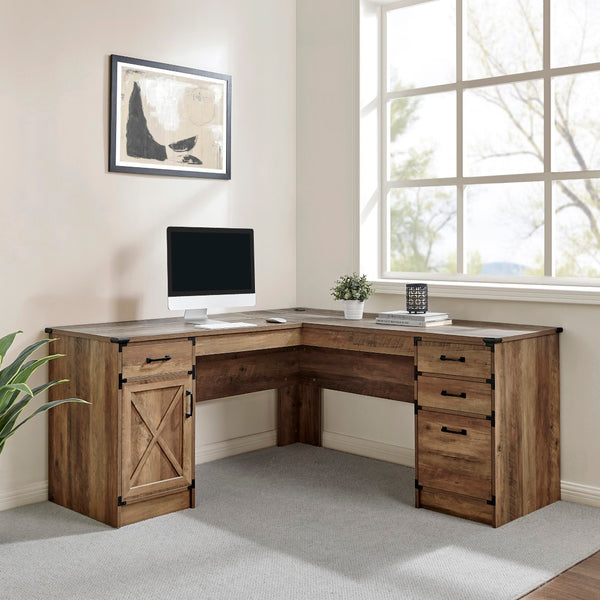 Homeroots 64" Oak Wood L Shape Executive Desk - Stylish, Spacious, And Functional With 4 Drawers For Storage!   568267