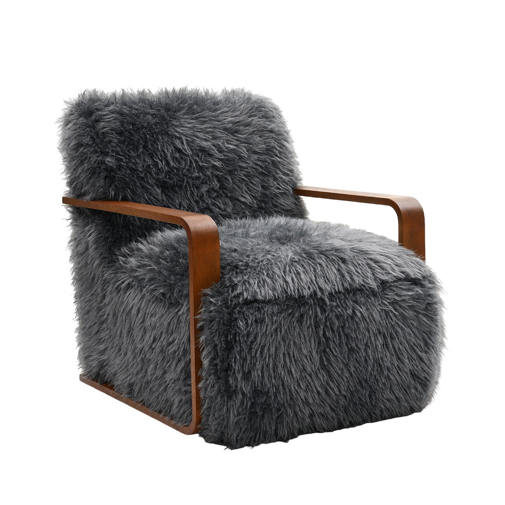 English Elm Charcoal Plush Faux Fur Accent Chair with Walnut Wood Arms — Cozy Modern Living Room Seating Charcoal grey 29 L x 36 W x 33 H B2741P401383