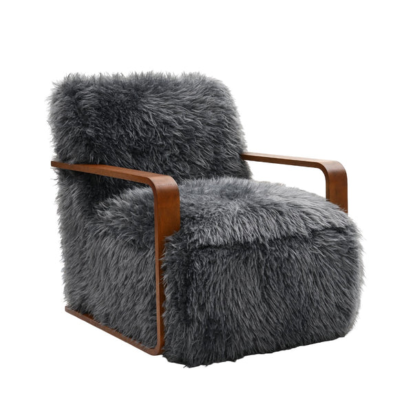 English Elm Charcoal Plush Faux Fur Accent Chair with Walnut Wood Arms — Cozy Modern Living Room Seating Charcoal grey 29 L x 36 W x 33 H B2741P401383