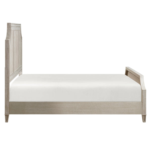 English Elm Traditional Leander Queen Bed Light Brown Oak Veneer Curved Frame Picture Molding Elegant Bedroom Statement B011S01105