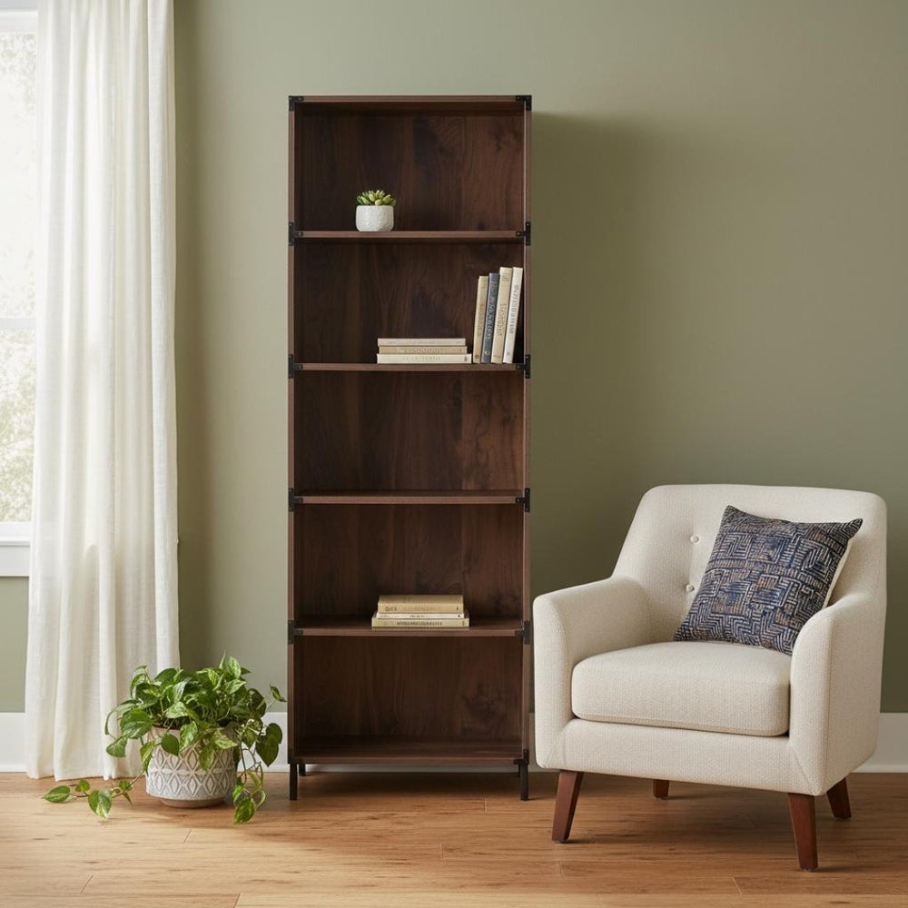 HomeRoots 71" Brown Wood Four-Tier Etagere Bookcase - Stylish Vertical Storage for Home Décor & Books 568309