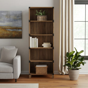 HomeRoots 71" Distressed Oak Wood Five-Tier Etagere Bookcase - Rustic Charm for Stylish Storage & Display 568310