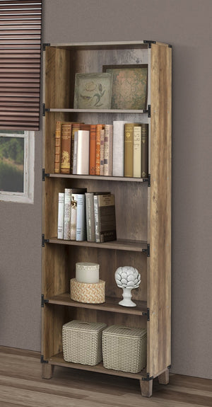 HomeRoots 71" Distressed Oak Wood Five-Tier Etagere Bookcase - Rustic Charm for Stylish Storage & Display 568310