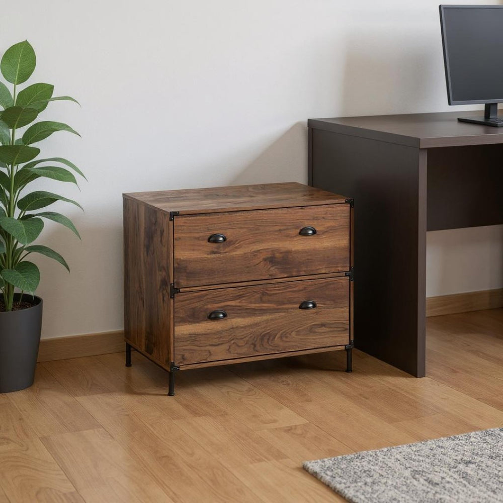 HomeRoots 30" Walnut Wood Two-Drawer Filing Cabinet - Stylish Storage Solution for Home and Office Organization 568313