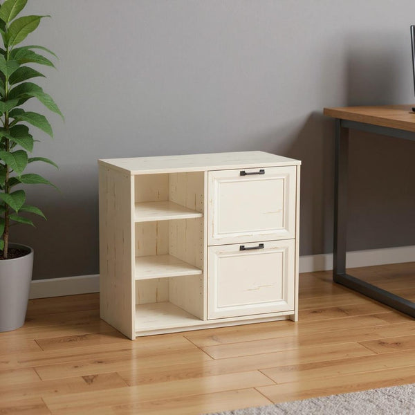HomeRoots 30" Antiqued White Distressed Wood Filing Cabinet - Vintage Charm Meets Practical Storage Solution 568316
