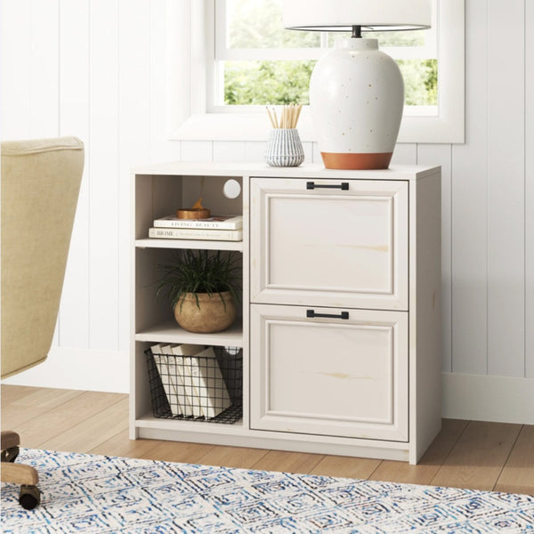 HomeRoots 30" Antiqued White Distressed Wood Filing Cabinet - Vintage Charm Meets Practical Storage Solution 568316