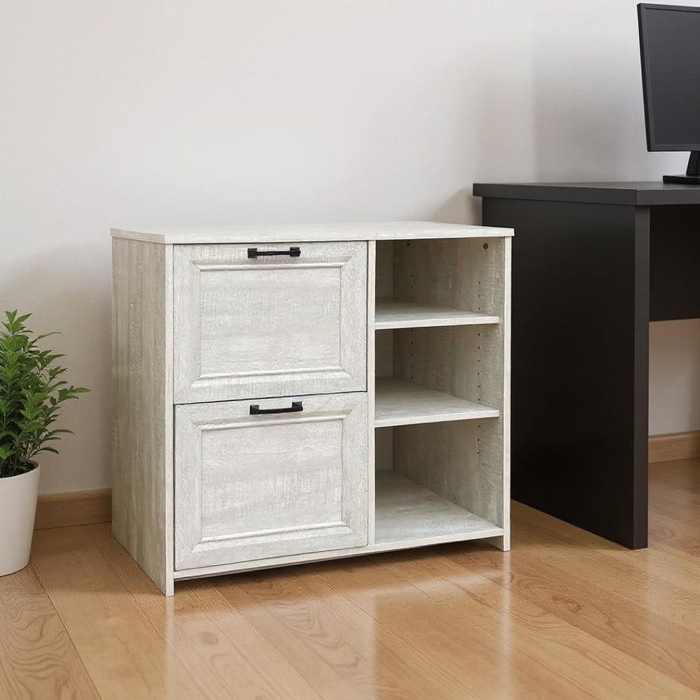 HomeRoots 30" Light Gray Distressed Wood Filing Cabinet - Rustic Two-Drawer Storage for Home & Office Spaces 568317