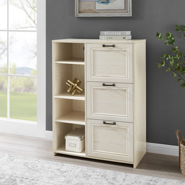 HomeRoots 43" Antiqued White Distressed Wood Filing Cabinet with 3 Drawers for Stylish Home Office Storage Solutions 568319