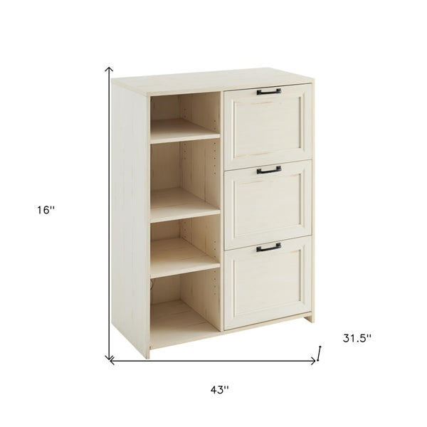 HomeRoots 43" Antiqued White Distressed Wood Filing Cabinet with 3 Drawers for Stylish Home Office Storage Solutions 568319