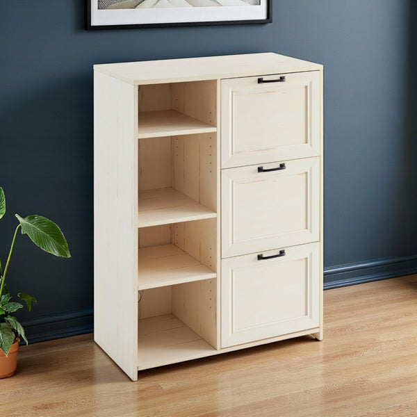 HomeRoots 43" Antiqued White Distressed Wood Filing Cabinet with 3 Drawers for Stylish Home Office Storage Solutions 568319