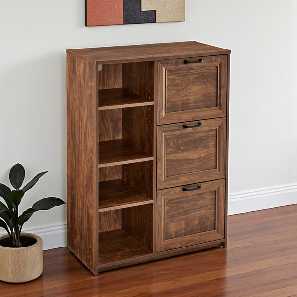 HomeRoots 43" Rustic Walnut Distressed Wood Filing Cabinet with 3 Spacious Drawers for Stylish Organization 568320