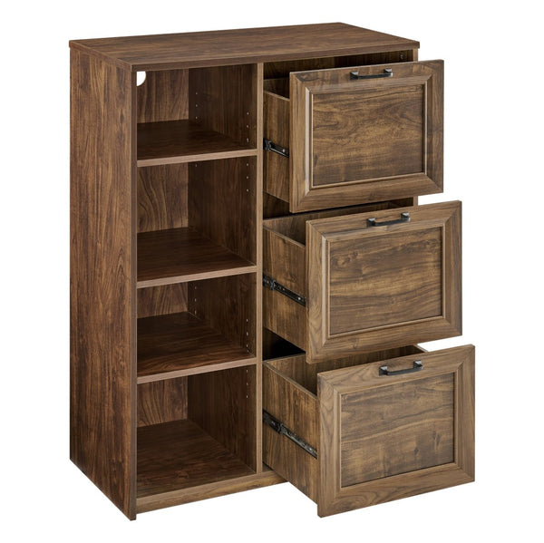 HomeRoots 43" Rustic Walnut Distressed Wood Filing Cabinet with 3 Spacious Drawers for Stylish Organization 568320