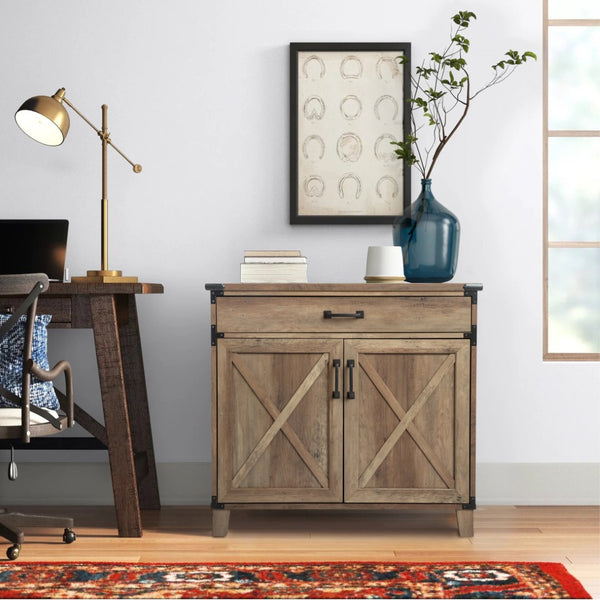 HomeRoots 30" Oak Wood Drawer Filing Cabinet - Elegant Farmhouse Design with Ample Storage for Home & Office 568322