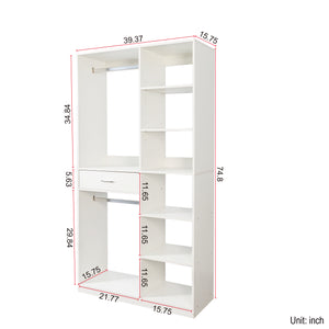 English Elm Freestanding 40" Closet System with 6 Open Shelves, 2 Hanging Rods & Wood Drawer — White Storage Wardrobe W331P280699