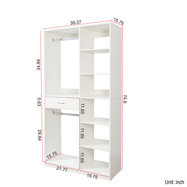 English Elm Freestanding 40" Closet System with 6 Open Shelves, 2 Hanging Rods & Wood Drawer — White Storage Wardrobe W331P280699