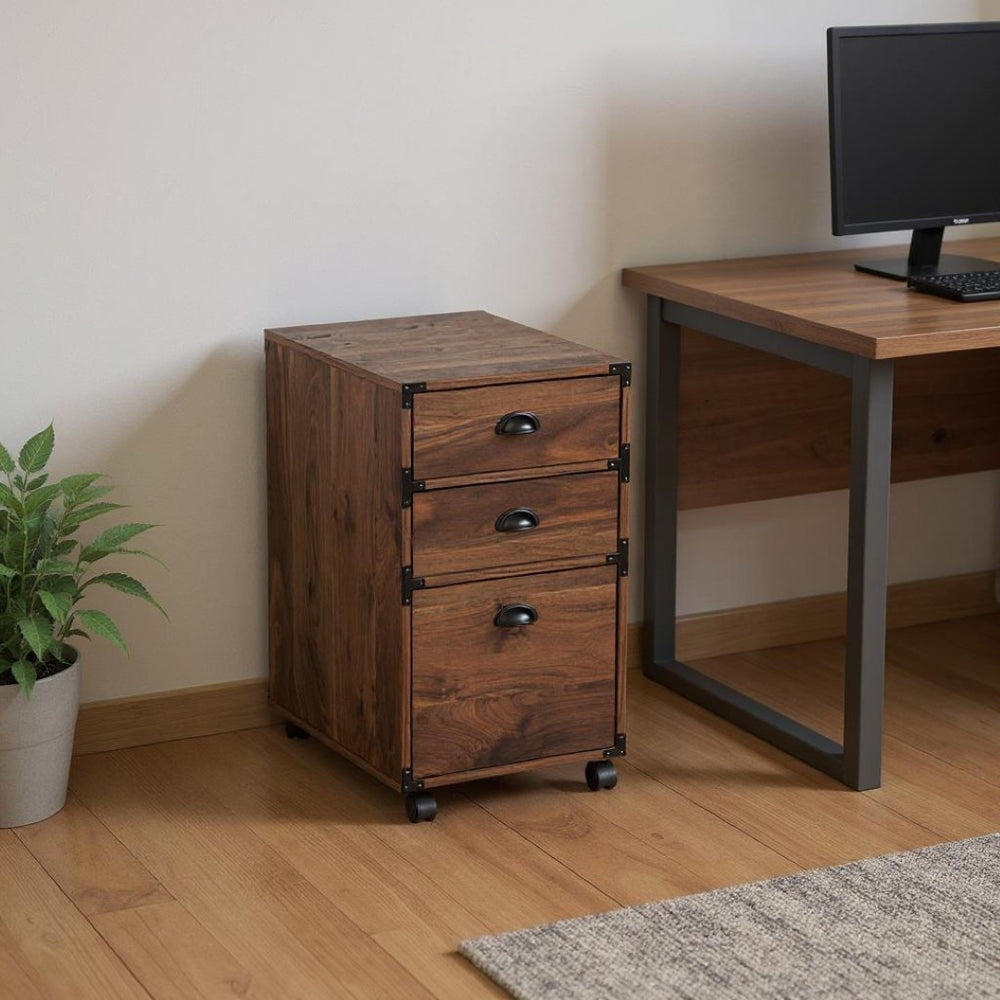 HomeRoots 27" Walnut Wood Filing Cabinet - Stylish 3 Drawers for Organized Workspaces, Compact Design & Easy Setup 568323