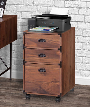 HomeRoots 27" Walnut Wood Filing Cabinet - Stylish 3 Drawers for Organized Workspaces, Compact Design & Easy Setup 568323