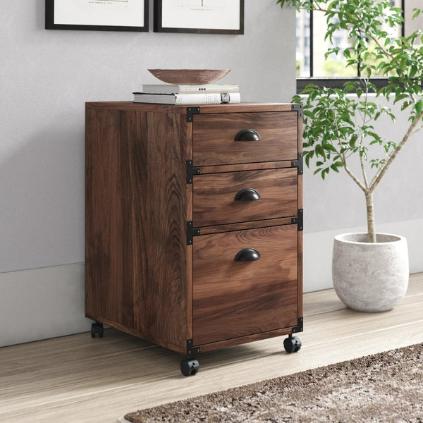 HomeRoots 27" Walnut Wood Filing Cabinet - Stylish 3 Drawers for Organized Workspaces, Compact Design & Easy Setup 568323