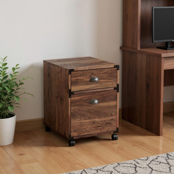 HomeRoots 22" Walnut Wood Two-Drawer Rolling Filing Cabinet – Stylish, Compact Storage for Home & Office Spaces 568324