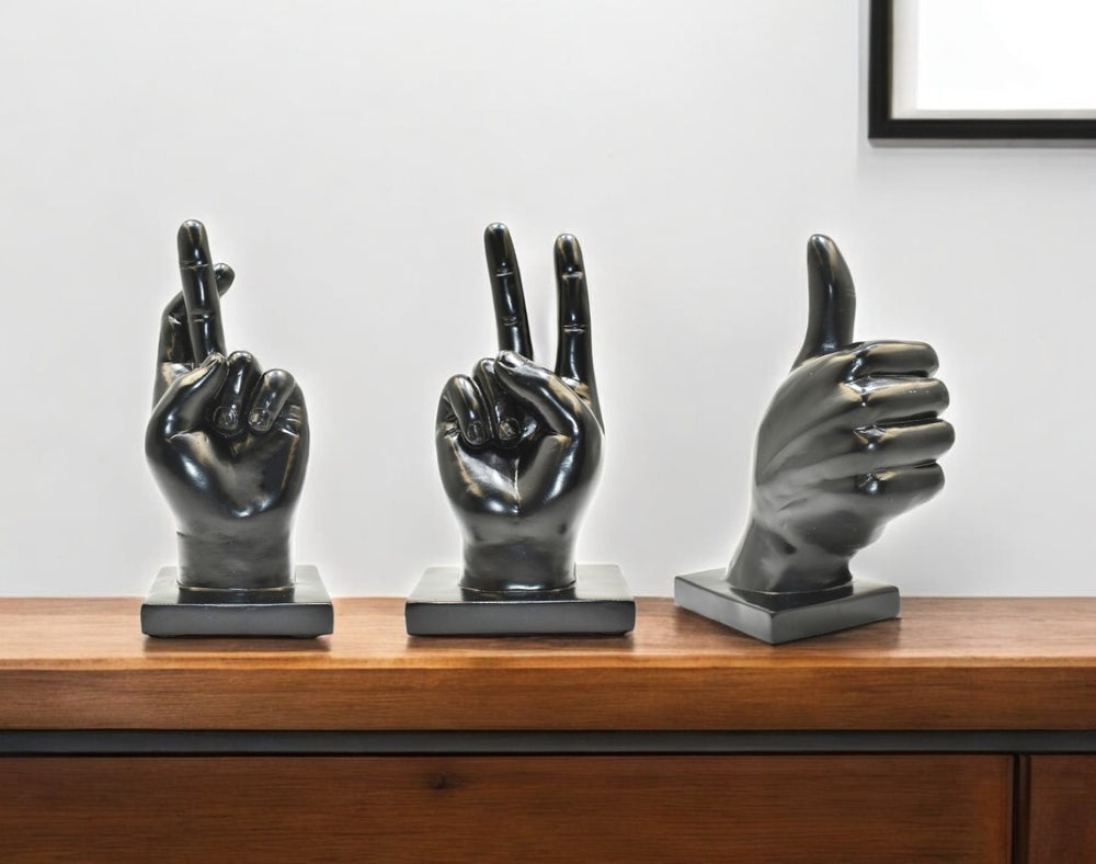 HomeRoots Set of Three Black Resin Hand Sculptures - Modern Artistry for Home, Office & Gift-Giving Delight 568383