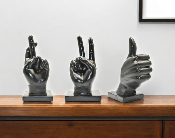 HomeRoots Set of Three Black Resin Hand Sculptures - Modern Artistry for Home, Office & Gift-Giving Delight 568383