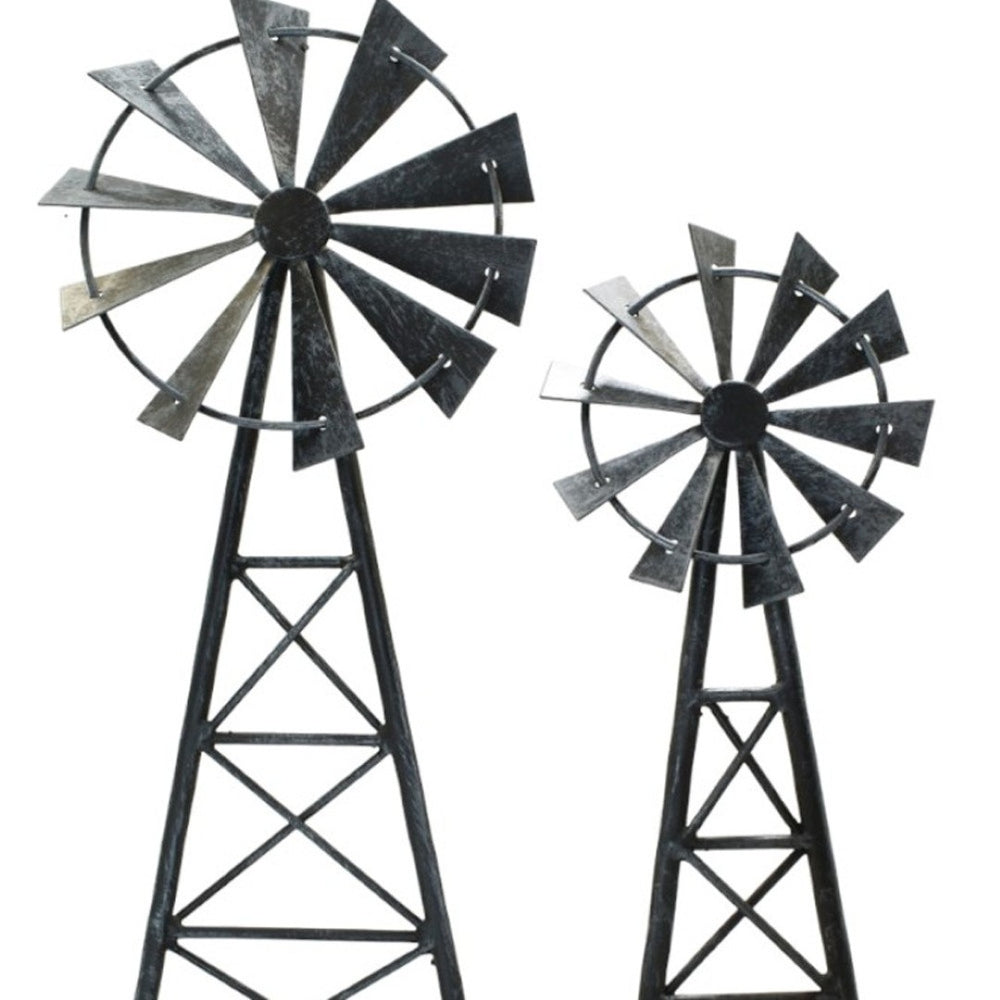 HomeRoots Set of Two Pewter Metal Windmill Sculptures – Elegant Tabletop Accents for Home Decor & Style 568399