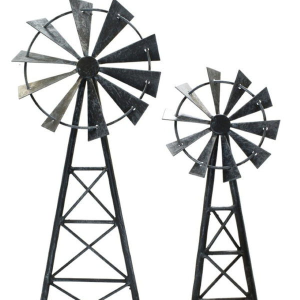HomeRoots Set of Two Pewter Metal Windmill Sculptures – Elegant Tabletop Accents for Home Decor & Style 568399