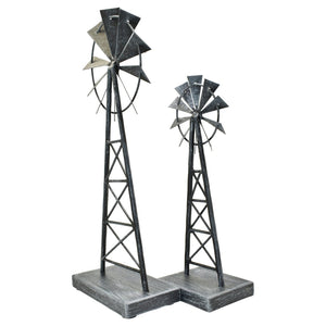 HomeRoots Set of Two Pewter Metal Windmill Sculptures – Elegant Tabletop Accents for Home Decor & Style 568399