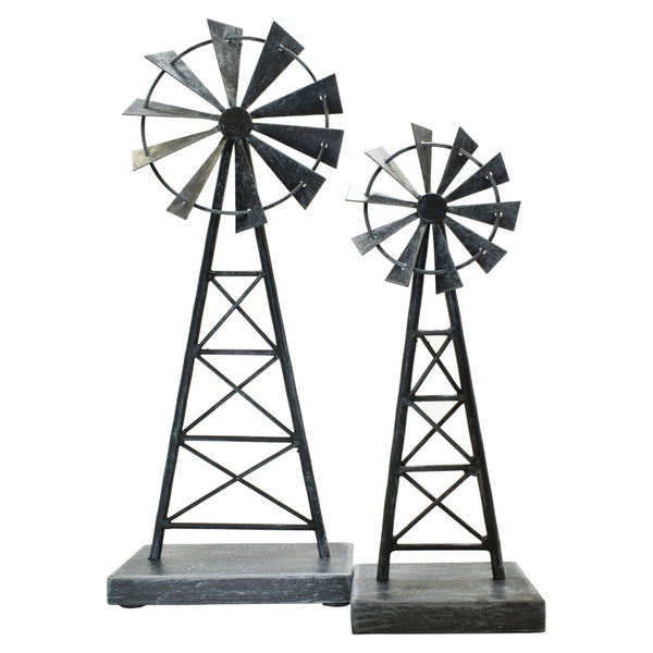 HomeRoots Set of Two Pewter Metal Windmill Sculptures – Elegant Tabletop Accents for Home Decor & Style 568399