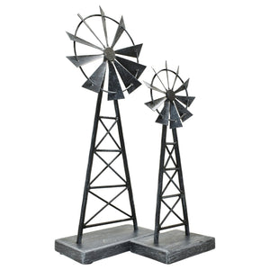 HomeRoots Set of Two Pewter Metal Windmill Sculptures – Elegant Tabletop Accents for Home Decor & Style 568399