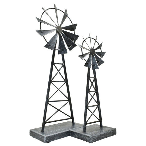 HomeRoots Set of Two Pewter Metal Windmill Sculptures – Elegant Tabletop Accents for Home Decor & Style 568399