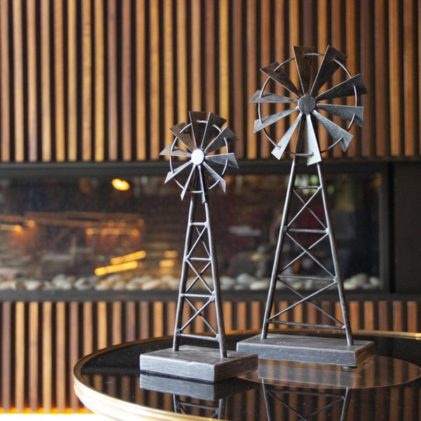 HomeRoots Set of Two Pewter Metal Windmill Sculptures – Elegant Tabletop Accents for Home Decor & Style 568399