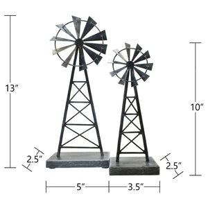 HomeRoots Set of Two Pewter Metal Windmill Sculptures – Elegant Tabletop Accents for Home Decor & Style 568399