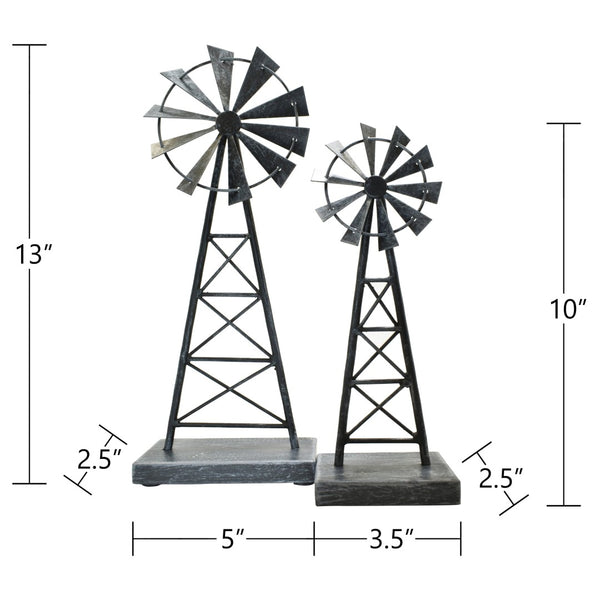 HomeRoots Set of Two Pewter Metal Windmill Sculptures – Elegant Tabletop Accents for Home Decor & Style 568399