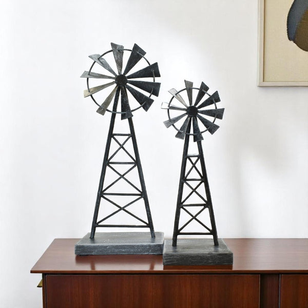 HomeRoots Set of Two Pewter Metal Windmill Sculptures – Elegant Tabletop Accents for Home Decor & Style 568399