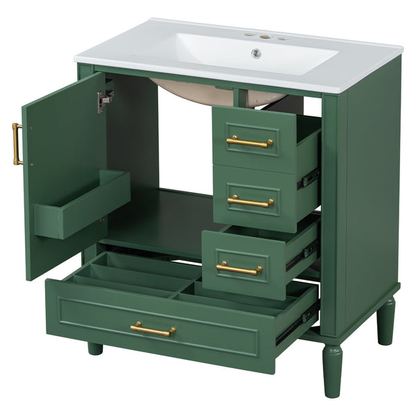 English Elm Traditional 30" Bathroom Vanity with Ceramic Basin, Soft-Close Door & Drawers, Gold Handles, Durable Wood Finish Green N729P184479F