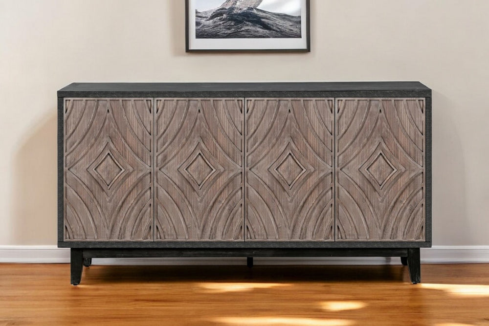 HomeRoots 60" Distressed Wood Sideboard with Vintage Charm, Four Doors, Geometric Design & Ample Storage Space 568404