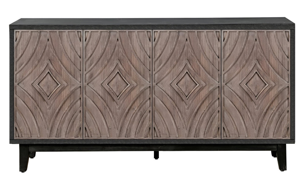 HomeRoots 60" Distressed Wood Sideboard with Vintage Charm, Four Doors, Geometric Design & Ample Storage Space 568404