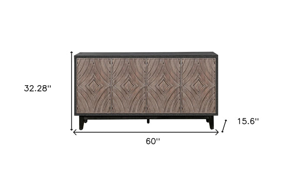 Homeroots 60" Charcoal And Brown Distressed Wood Sideboard With Four Doors   568404
