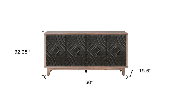Homeroots 60" Brown And Charcoal Distressed Wood Sideboard With Four Doors   568405