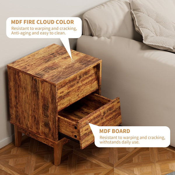 English Elm 2 Nightstands Vintage Bevel Design with Hidden Drawer Pulls and Solid Wood Legs for Stable Style Brown W578P192477