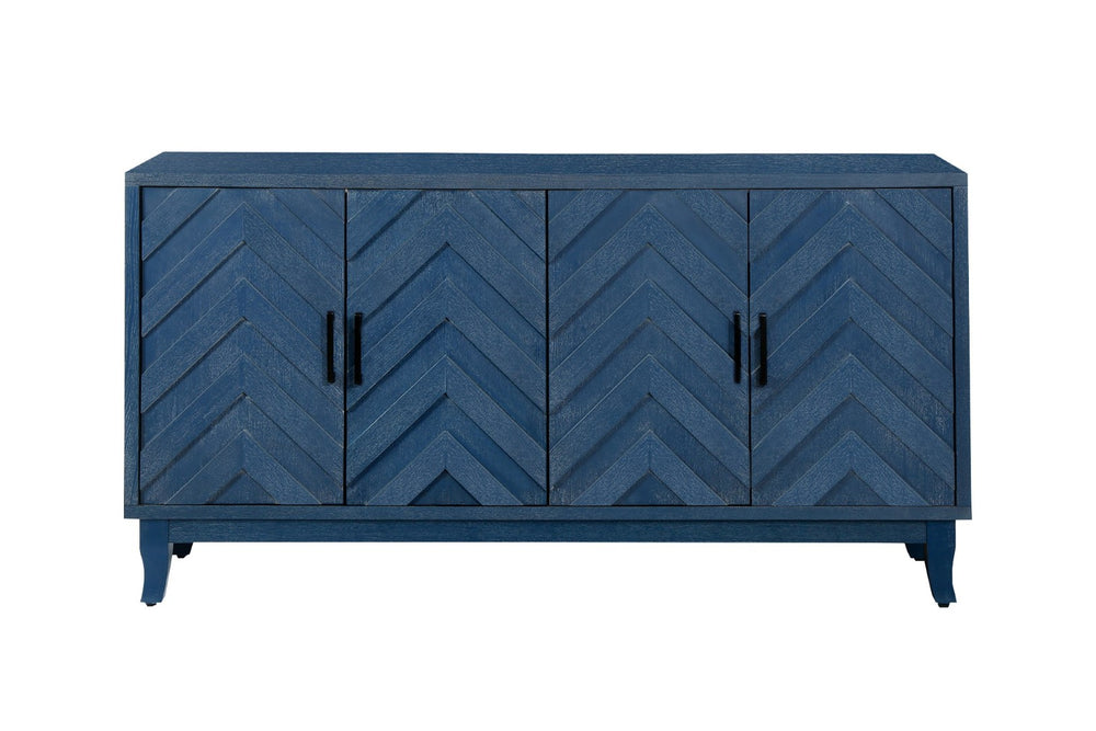 HomeRoots 60" Blue Chevron Distressed Wood Sideboard - Vintage Charm with Modern Storage for Any Space 568406